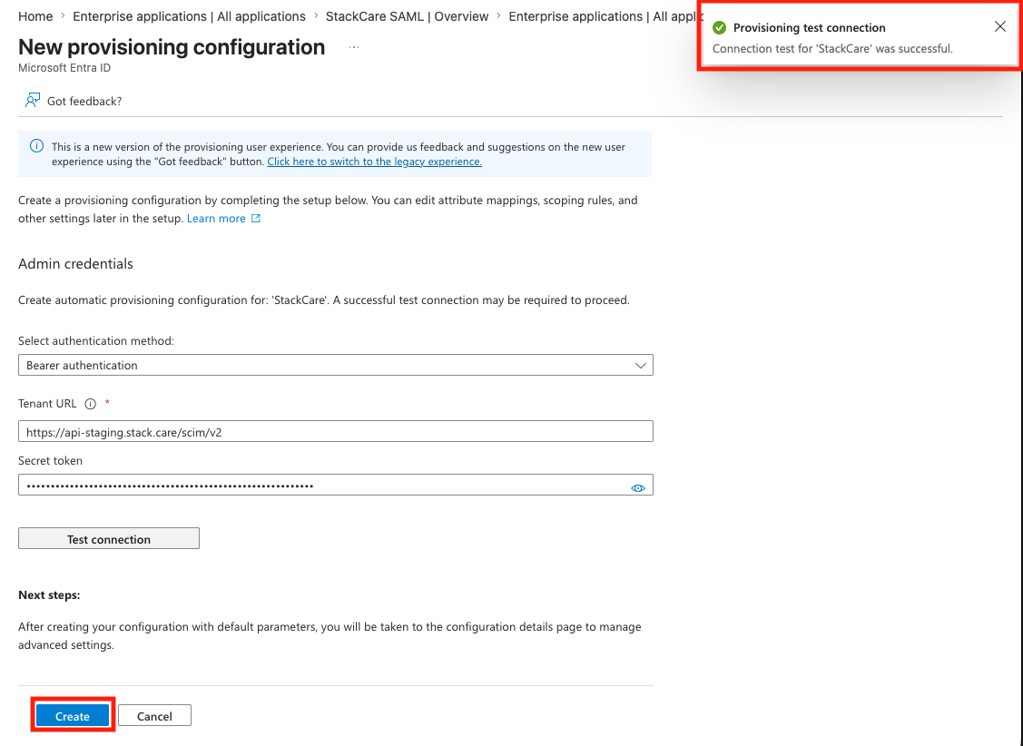 Provisioning connection successful screenshot
