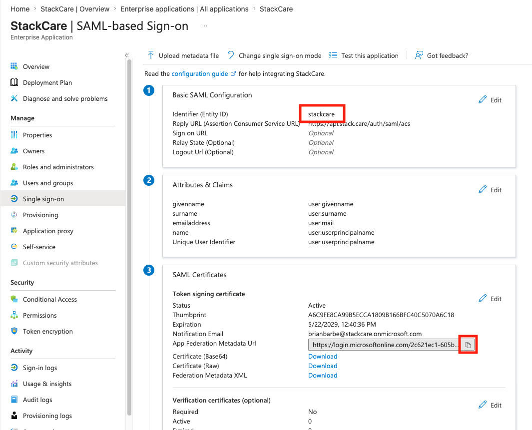 Copy App Federation Metadata URL screenshot