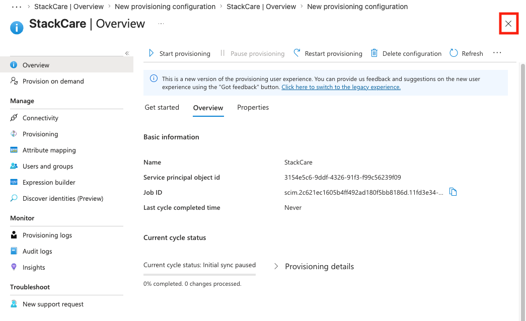Close provisioning window screenshot