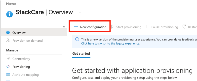 New provisioning configuration screenshot