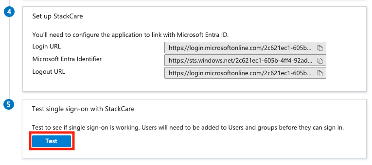 Test button for Single Sign-On screenshot