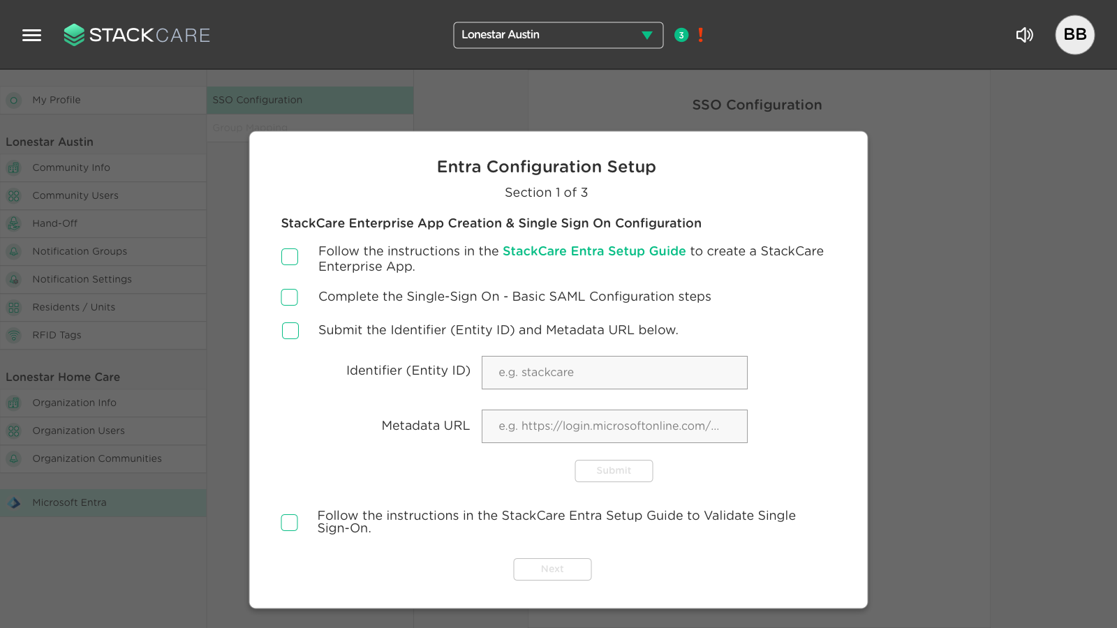 StackCare Entra configuration step screenshot