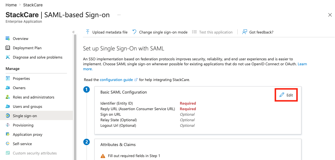 Basic SAML Configuration edit button screenshot