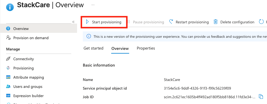 Start provisioning button screenshot