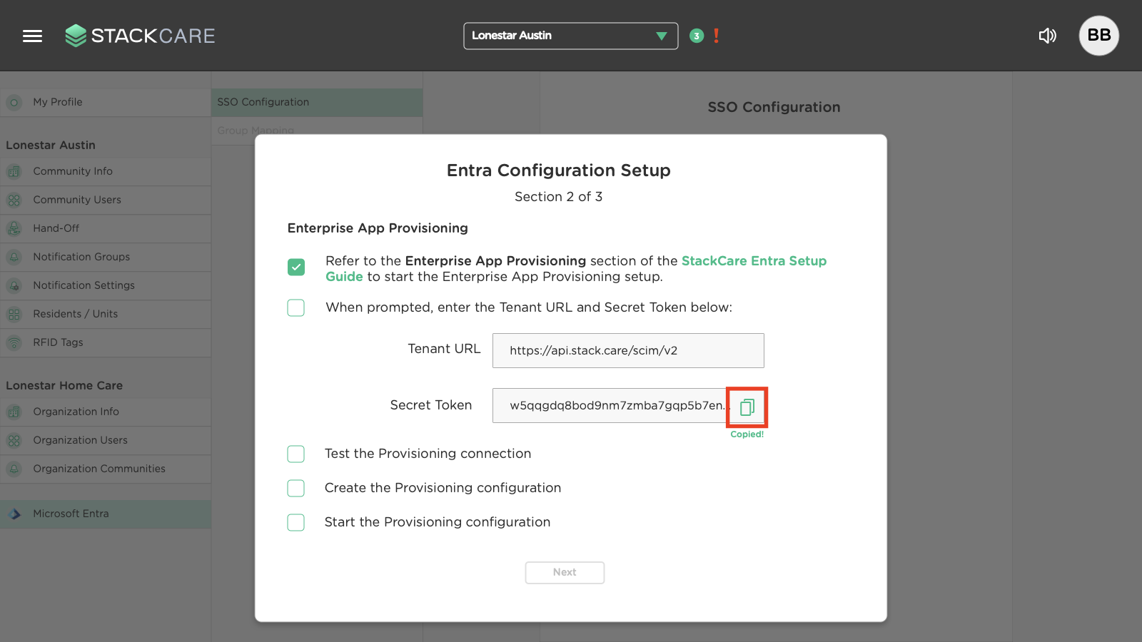 Tenant URL and secret token screenshot