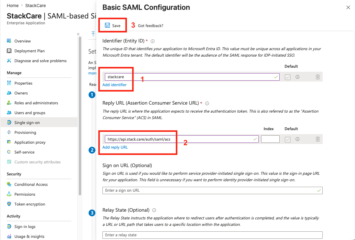 Add identifier and reply URL screenshot