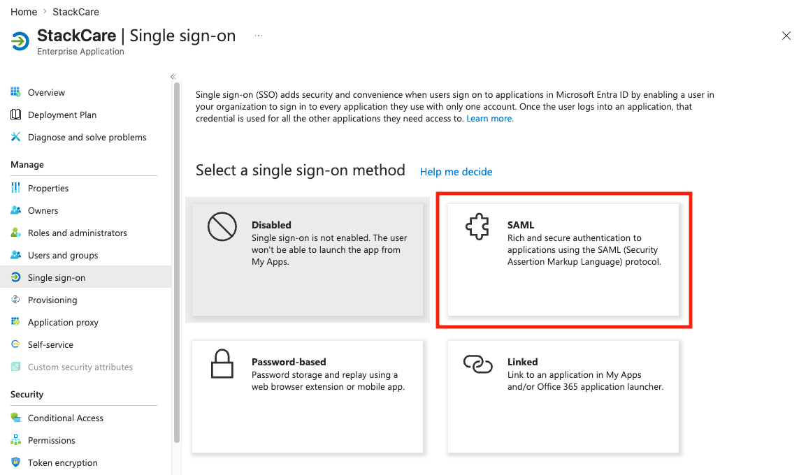 SAML sign-on method selection screenshot
