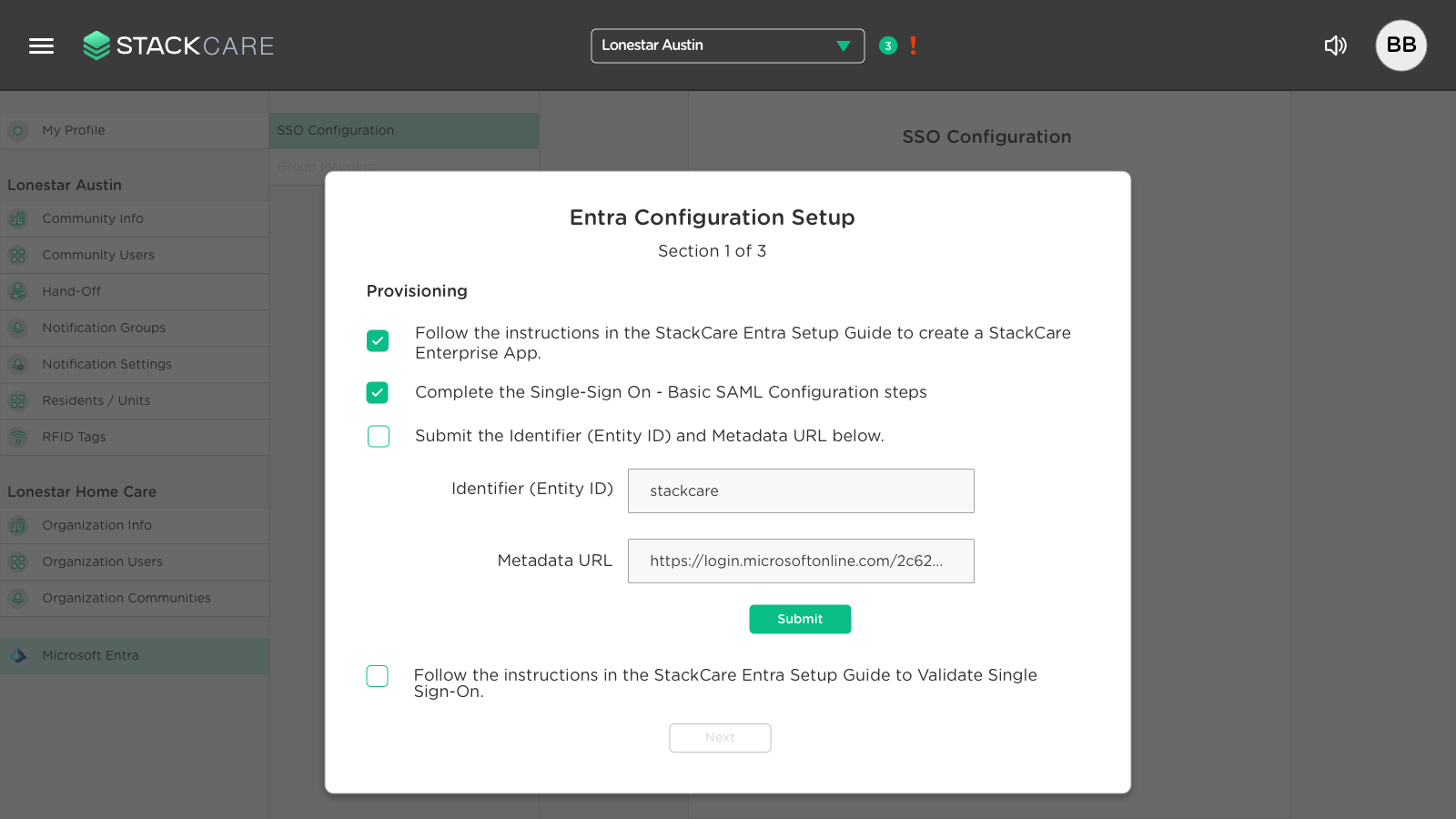 Submit Entity ID and metadata URL screenshot
